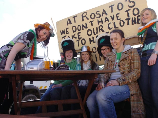 Staff from Rosato's Bar soak up the sunshine during the St Patricks Day parade in Moville. From left, Donna Orr, Shona Kelly, Aoife Thompson, Roisin Rawdon, Majella Doherty and Una Thompson. (1803PG12)