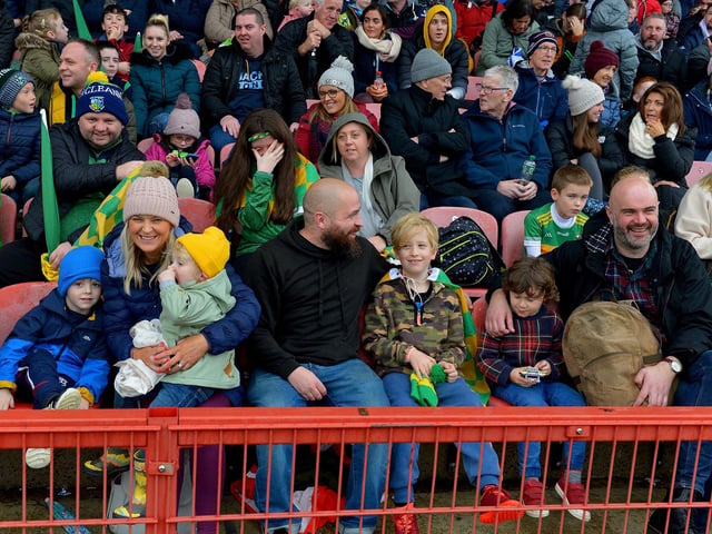 Watty Graham’s, Glen, supporters pictured at the SFC final game against Slaughtneil, in Celtic Park, on Sunday afternoon. DER2243GS – 011