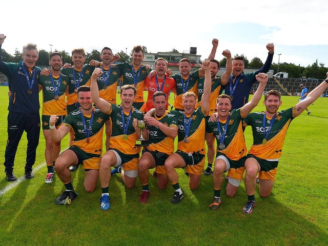 The Australasia team celebrate their victory over the Middle East in the GAA World Games Men’s Open final in Celtic Park on Friday morning. Photo: George Sweeney. DER2330GS - 194
