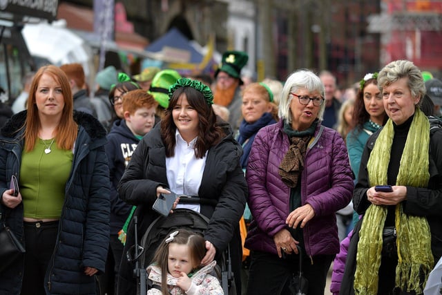 People enjoy the atmosphere at the St Patrick’s Day in Guildhall Square on Friday afternoon. Photo: George Sweeney. DER2311GS – 29