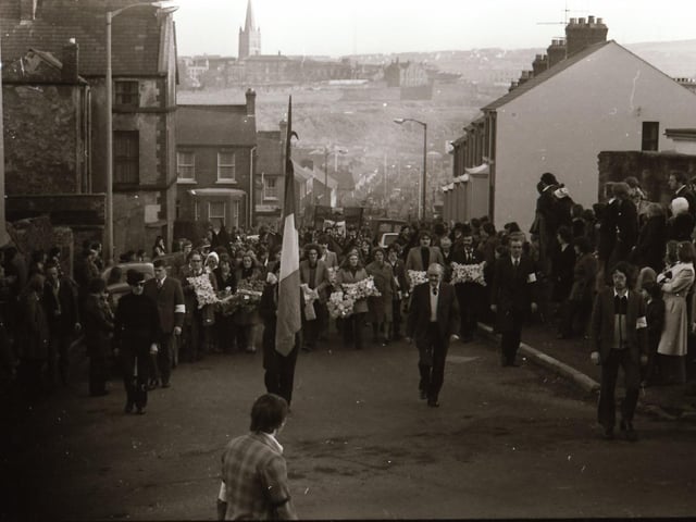 The third anniversary of Bloody Sunday is marked in Derry in January 1975.