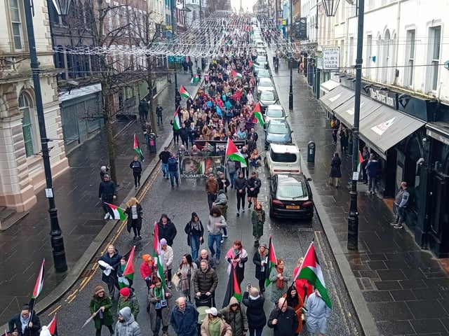 Thousands participate in Derry rally for Palestine calling for a ceasefire in Gaza on January 13, 2024