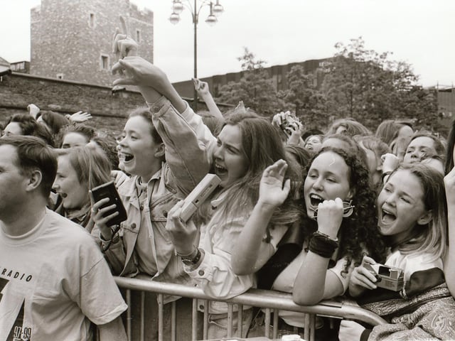 Ecstatic fans enjoying the BBC Radio 1 roadshow in 1993.