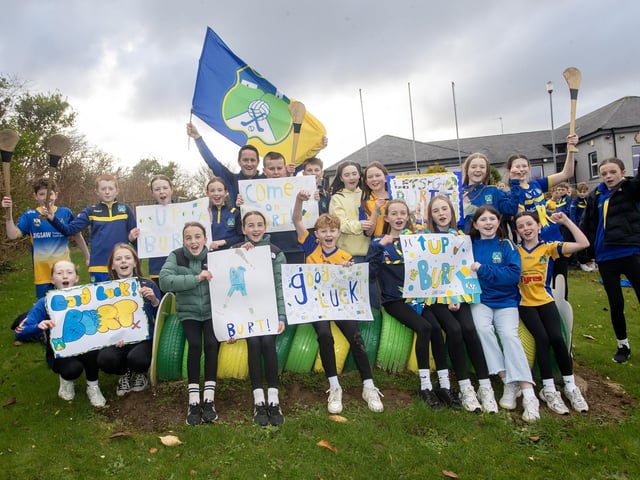 Pupils from Scoil Naomh Mura, Burnfoot showing their support for the Beart GAC hurlers who will take on Lavey in the Ulster Junior Championship final at Celtic Park on Saturday. (Photos: Jim McCafferty Photography)
