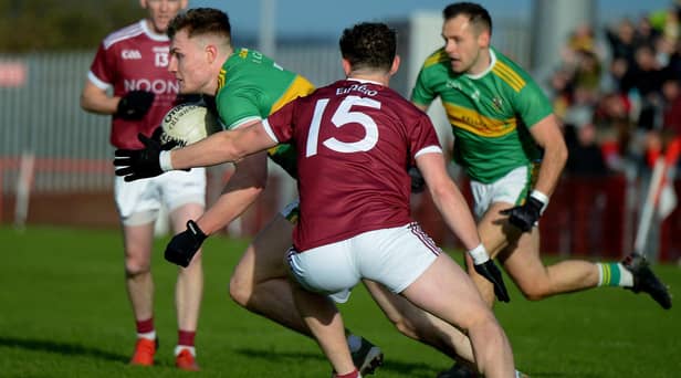 Glen’s Ethan Doherty evades a challenge from Slaughtneil’s Brian Cassidy during the 2021 Senior Football Championship Final. The Derry star is likely to be a key figure when the side meet again on Sunday. Photo: George Sweeney. DER2145GS – 009