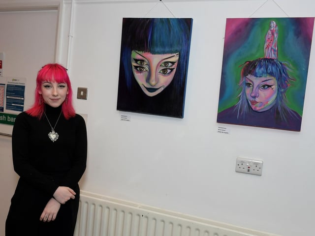 Artist Amber McLaughlin, a past pupil if St Cecilia’s College, pictured alongside some of her work at the launch of the International Women’s Day 2024 Art Exhibition at Eden Arts Place, Pilot’s Row on Thursday afternoon last.  Photo: George Sweeney
