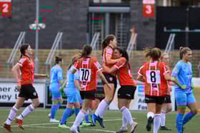 Derry City Women celebrate Cate Toland's goal, which gave them the lead against Ballymena United Women. Picture by JPJPhotography
