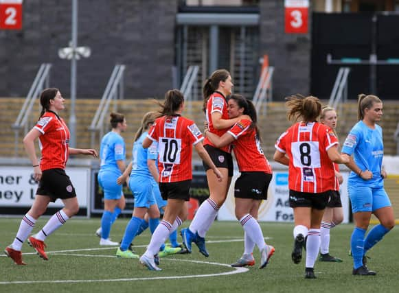 Derry City Women celebrate Cate Toland's goal, which gave them the lead against Ballymena United Women. Picture by JPJPhotography