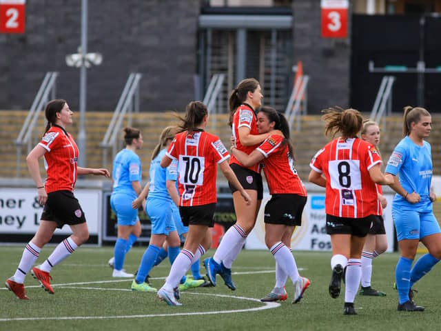 Derry City Women celebrate Cate Toland's goal, which gave them the lead against Ballymena United Women. Picture by JPJPhotography