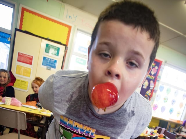 Jake showing off his apple capturing skills on Friday. : .
