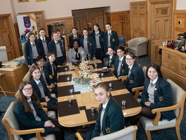 Junior Prefects from Thornhill College are welcomed to the Guildhall on Tuesday afternoon by the Mayor, Lilian Seenoi-Barr. (Photos: Jim McCafferty Photography)