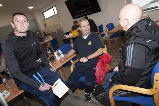 Service user Seamus Breslin (centre) sharing a joke with the OLT’s Pete Simms, Support Worker and George McGowan, Project Manager, during Saturday’s Men’s Health Day at the Creggan centre.