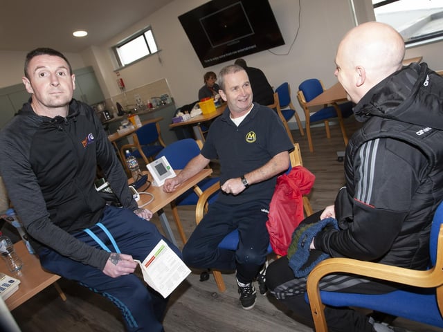 Service user Seamus Breslin (centre) sharing a joke with the OLT’s Pete Simms, Support Worker and George McGowan, Project Manager, during Saturday’s Men’s Health Day at the Creggan centre.