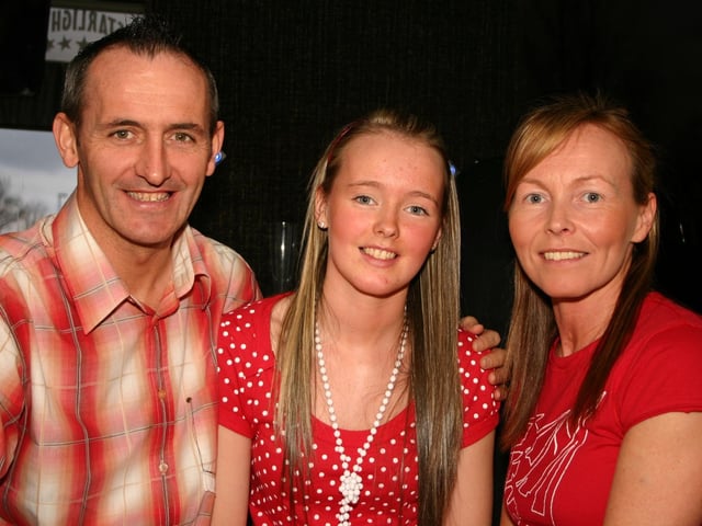 Birthday girl Sinead with parents Paul and Paula McGilloway on her 15th Birthday . 3657/dd : Parties in Derry in Spring 2006.