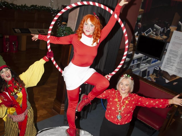 The Mayor Sandra Duffy pictured with the Chief Elf during the Mayor's Magical Christmas Experience at the Guildhall on Saturday.:.