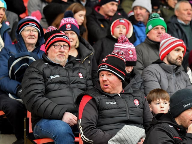 Fans at Derry’s NFL game against Galway at Celtic Park on Saturday evening. Photo: George Sweeney
