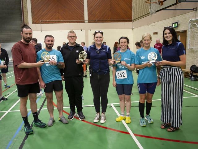 ‘Try-A-Tri’ participants receiving their trophies at Templemore Sports Complex on Sunday.