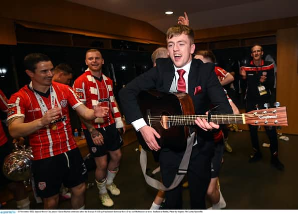 'Jackie' enjoys the 2022 FAI Cup celebrations in Dublin. Photo by Stephen McCarthy/Sportsfile