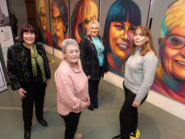 The Mayor Councillor Sandra Duffy pictured at the launch of Peace Heroines of Northern Ireland Exhibition at Derry City and Strabane District Council’s Tower Museum. The exhibition celebrates women who "wanted to create a better future" and is part of the Herstory programme which will tour various locations marking the 25th Anniversary of the Good Friday peace agreement. included are EileenWeir, Bronagh Hinds and Susan McCrory. :.