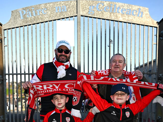 Derry City supporters, from back left, Tony and Tony Devlin, from front left, Aidan and Conor Devlin before the SSE Airtricity Men's Premier Division match between Derry City and Shamrock Rovers at Find Insurance Celtic Park in Derry. Photo by Ramsey Cardy/Sportsfile