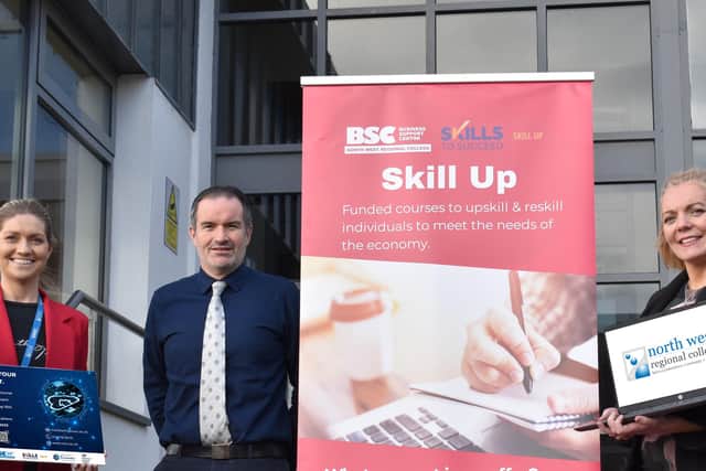 NWRC Business Development Executive Jane Fleming, NWRC Computing Lecturer Kevin McLaughlin and NWRC Business Skills Manager Sinead Hawkins launch the Kickstart to IT course. 