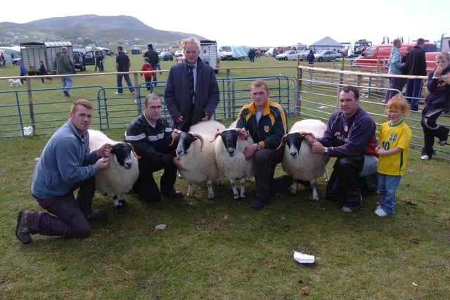 Pat Canny, owner, pictured with the Best Pen of four ewes at ClonmanyShow. included, are Edward, Liam Henry, James and Asling Canny. (0508A42) : Clonmany Festival, Vintage Show, Agricultural Show and Raft Race in August 2005.