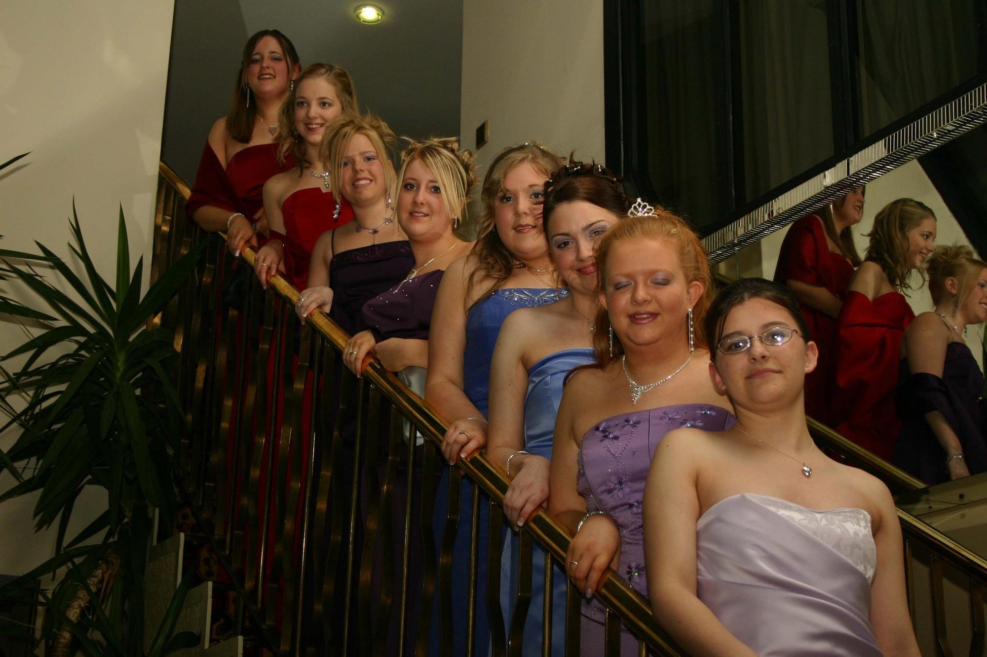 Tina Peoples, Rachael Walker, Marian McGarrigle, Sarah Mills, Laura Warnock, Nichola Wilson, Natalie McFarland, Cheryl Robinson : Pictured are students at the then recently opened Lisneal College in the Waterside as they gathered for their school formal back in March 2005.