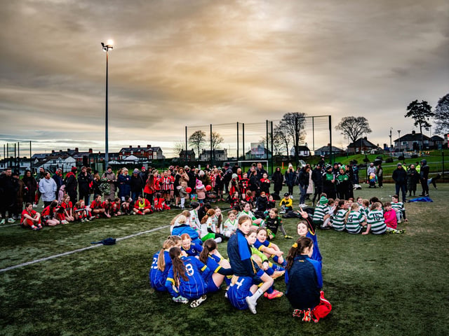 Players and coaches at the inaugural North West U12 Charity Cup at Ulster University's Duncreggan Road pitches. (Photo: Rodi Jeerasoo)