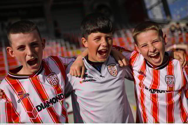 Derry City supporters before the SSE Airtricity Men's Premier Division match between Derry City and Bohemians at The Ryan McBride Brandywell Stadium in Derry. Photo by Ramsey Cardy/Sportsfile