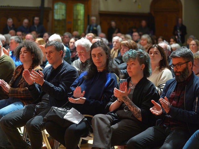 Some of the attendance at a public meeting held in the Guildhall on Wednesday evening opposing the proposed cuts to jobs and services at BBC Radio Foyle. George Sweeney. DER2301GS – 15