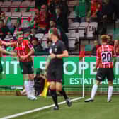 Derry City striker Jamie McGonigle celebrates scoring during first half stoppage time against Cork City. Photograph by Kevin Moore.