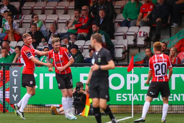 Derry City striker Jamie McGonigle celebrates scoring during first half stoppage time against Cork City. Photograph by Kevin Moore.