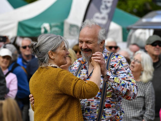 Revellers dance to the music of Palais Swing Band in Guildhall Square during the Derry Jazz Festival. Photo: George Sweeney