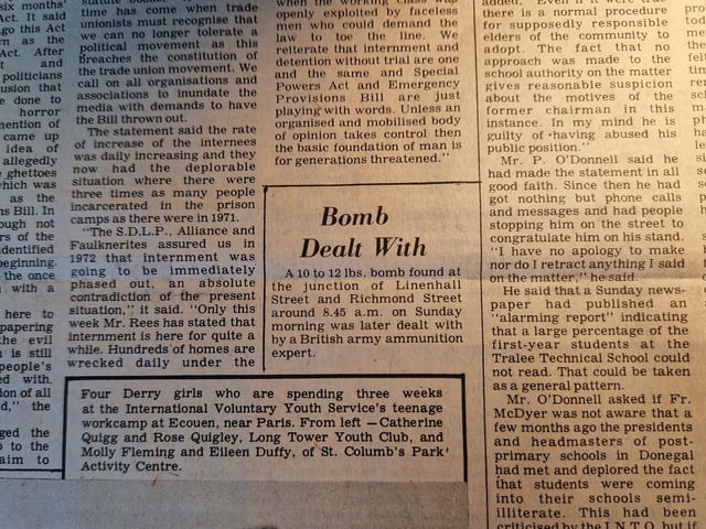 "A 10 to 12 lbs. bomb found at the junction of Linenhall Street and Richmond Street around 8:45 a.m on Sunday morning was later dealt with by a British army ammunition expert."