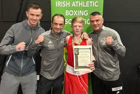 Irish champion Joshua Cairns pictured with Oakleaf coaches Barry McCafferty, Eugene ‘Budge’ O’Kane and Christy Doherty.