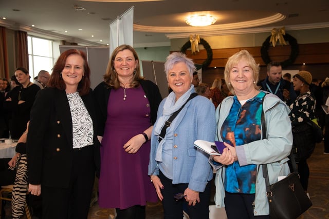 Maria Ferguson, Phil Brennan, Employabilty NW, Shauna McClenaghan, Joint CEO of IDP and Rena Donaghey at the HSE & IDP Health, Social Care Recruitment  &  Education Fair in Inishowen Gateway Hotel on Tuesday last. Photo Clive Wasson