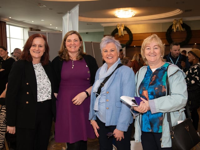 Maria Ferguson, Phil Brennan, Employabilty NW, Shauna McClenaghan, Joint CEO of IDP and Rena Donaghey at the HSE & IDP Health, Social Care Recruitment & Education Fair in Inishowen Gateway Hotel on Tuesday last. Photo Clive Wasson