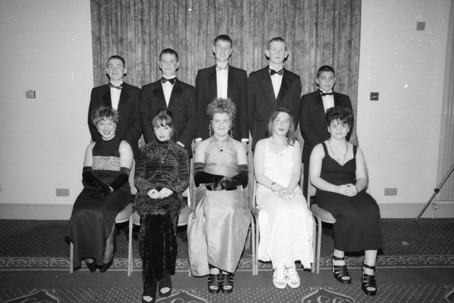 At the Clondermot High School formal. Seated, from left, Caroline McMichael, Lynn Simpson, Sandra Boyd, Kelly Boyd and Samantha Arthur. Standing, from left, William Mills, Uel Bradley, James Geddes, Stephen Lindsay and Barry Cunning.
