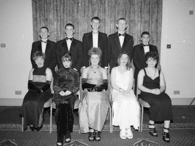 At the Clondermot High School formal. Seated, from left, Caroline McMichael, Lynn Simpson, Sandra Boyd, Kelly Boyd and Samantha Arthur. Standing, from left, William Mills, Uel Bradley, James Geddes, Stephen Lindsay and Barry Cunning.