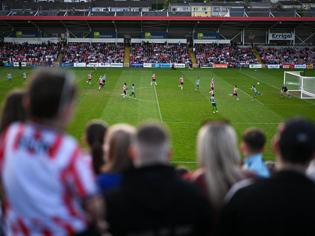 A general view of the action from the stands during the SSE Airtricity Men's Premier Division match between Derry City and Shamrock Rovers at Find Insurance Celtic Park in Derry. Photo by Stephen McCarthy/Sportsfile