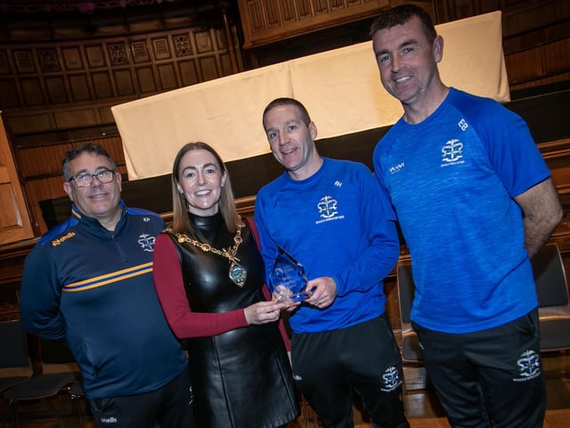The Mayor of Derry City and Strabane District Council, presenting the Recognition award to Xavier Prigeny and Ryan Horner at Thursday night's DCSDC Sports Awards. On right is Eamonn Burns, Head of PE, St. Columb's College.(Photos: Jim McCafferty Photography)