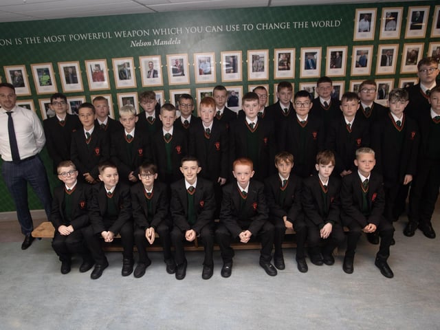 Mr. Hazlett pictured with his 842 Year 8 Form Class at St. Joseph's Boys School on Monday morning. (Photos: Jim McCafferty Photography) : St. Joseph's Boys School welcomes latest influx of Year 8 pupils