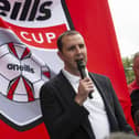 Former Republic of Ireland, Manchester United and Sunderland player John O’Shea, addressing the crowd in Guildhall Square at the Foyle Cup Parade on Tuesday morning. (Photo: Jim McCafferty Photography)