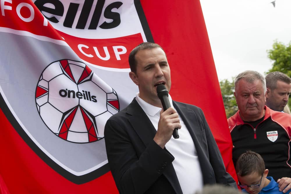 Former Republic of Ireland, Manchester United and Sunderland player John O’Shea, addressing the crowd in Guildhall Square at the Foyle Cup Parade on Tuesday morning. (Photo: Jim McCafferty Photography)