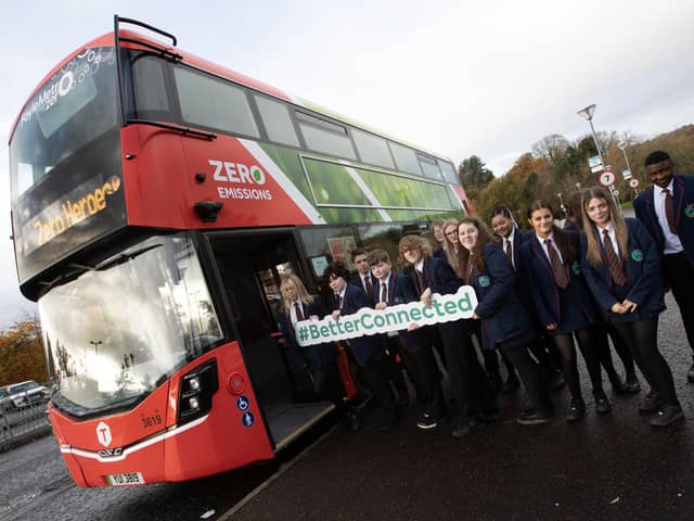 Year 10 students from Oakgrove Integrated College get ready to board the Translink Foyle Metro bus during Wednesday's Zero Heroes Roadshow at the school.