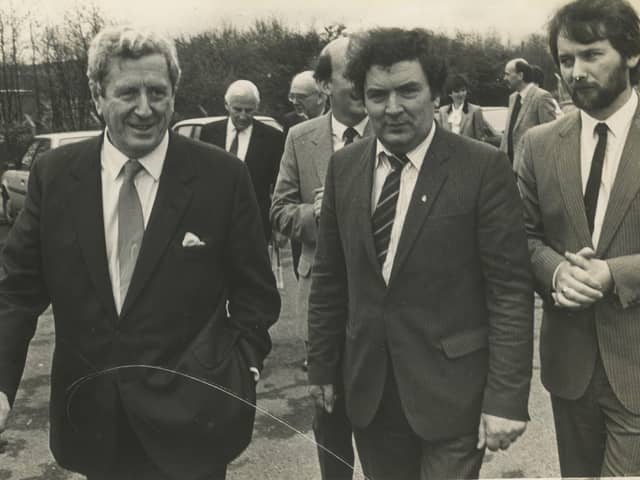 Hume and McArt with Garret FitzGerald, during the Taoiseach's visit to the Journal offices in 1985. The visit was the first to the North by a serving Irish leader in almost twenty years.