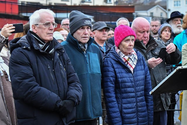Relatives of those murdered on Bloody Sunday attend the one minute silence dedicated to the children of Gaza at the Bloody Sunday monument on Thursday afternoon. Photo: George Sweeney
