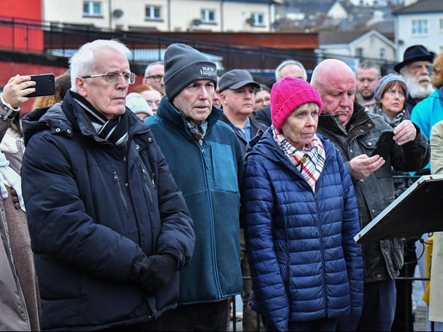 Relatives of those murdered on Bloody Sunday attend the one minute silence dedicated to the children of Gaza at the Bloody Sunday monument on Thursday afternoon. Photo: George Sweeney