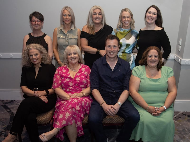 Mrs. Ciara Deane, Principal, St. Joseph's Boys School pictured with some of her staff at Friday night's retirement event in the Everglades Hotel, Derry.