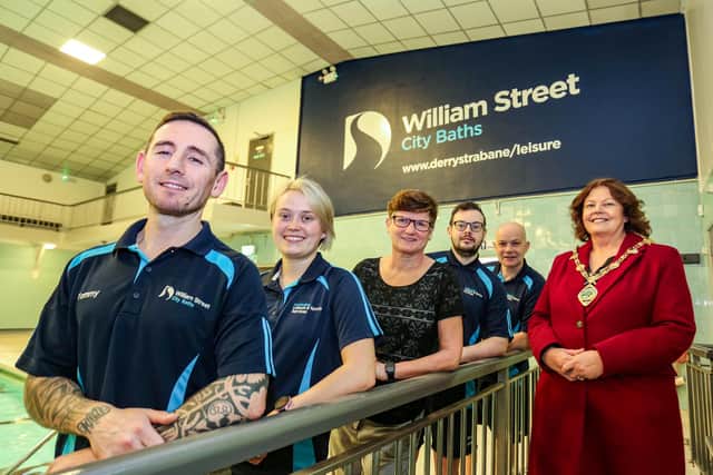 Mayor Patricia Logue with some of the staff in William Street Baths